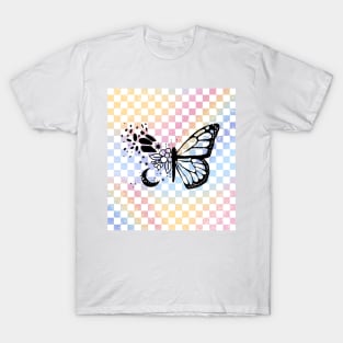 Butterfly drawing on Pastel Checkerboard T-Shirt